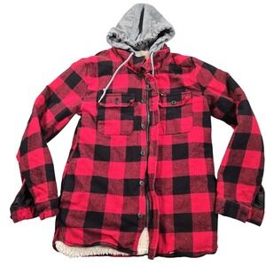 Levis Jacket Womens Small Red Black Plaid Hooded Sherpa Lined Flannel Shacket